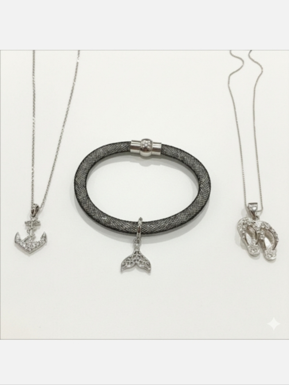 3Pc Set Of Travel Themed Jewelry Silver Necklace Glitter Mesh Tube Bracelet